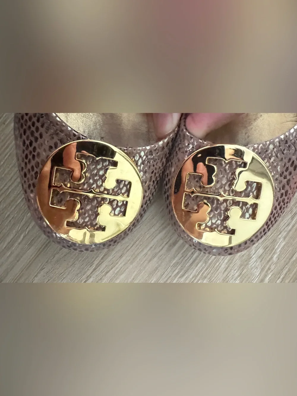 Tory Burch Metallic Gold Reva Snake-Print Ballet Flats